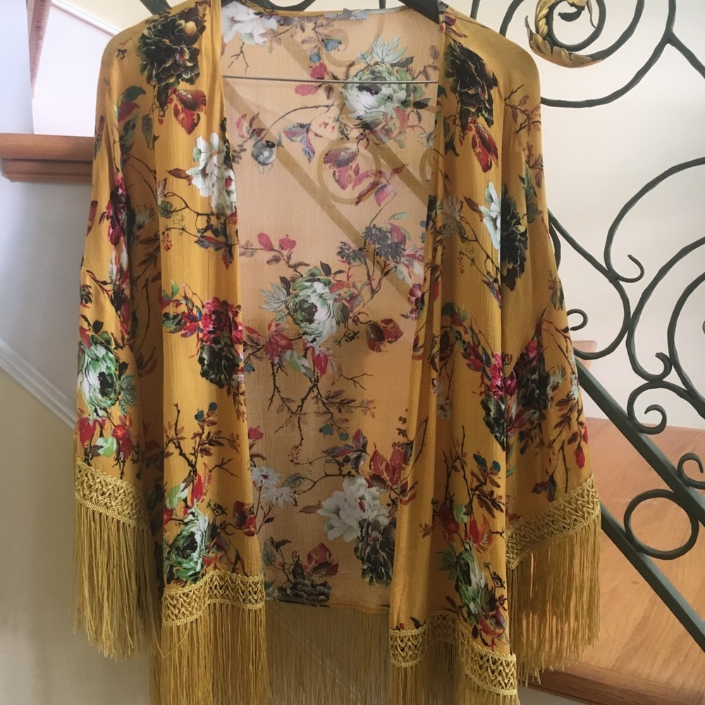 Sheer yellow floral shall with fringe
